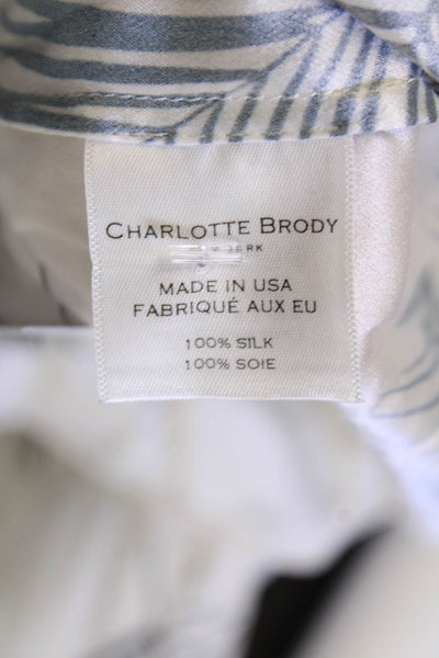 Charlotte Brody Womens Silk Leaf Print Blouse White Blue Size Large