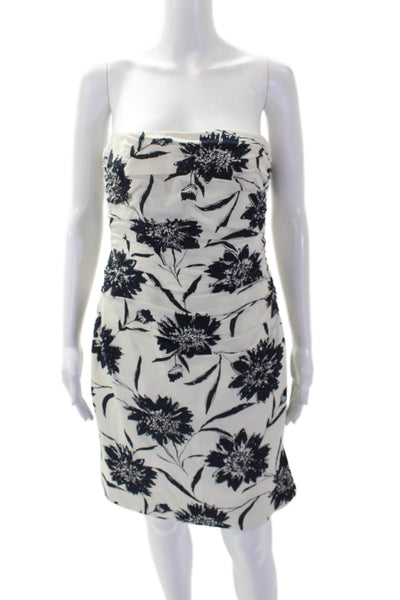 Carmen Marc Valvo Womens Silk Floral Print Dress White Navy Blue Size 6 Petite