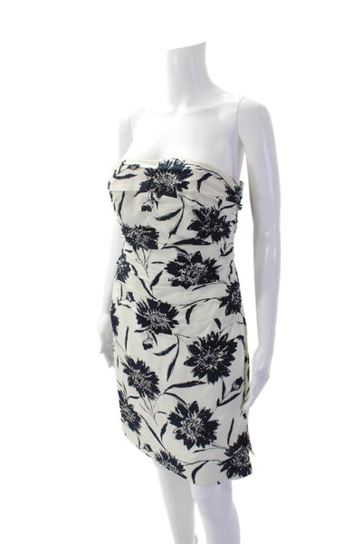 Carmen Marc Valvo Womens Silk Floral Print Dress White Navy Blue Size 6 Petite