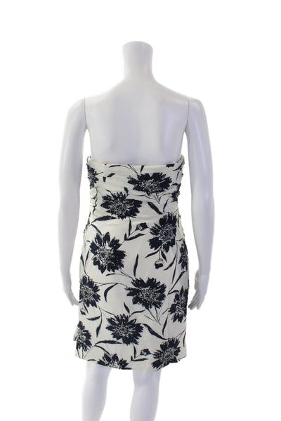 Carmen Marc Valvo Womens Silk Floral Print Dress White Navy Blue Size 6 Petite