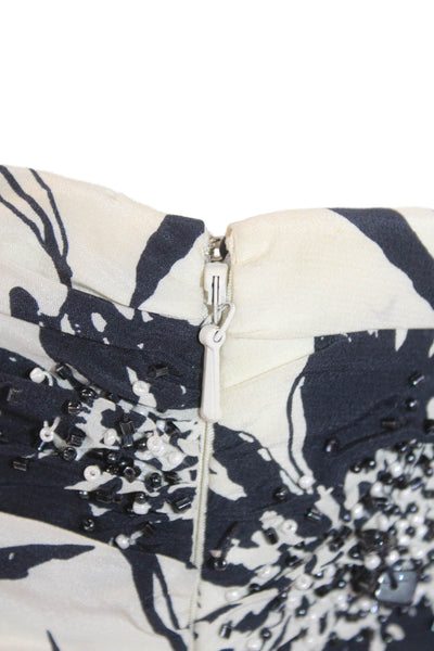 Carmen Marc Valvo Womens Silk Floral Print Dress White Navy Blue Size 6 Petite