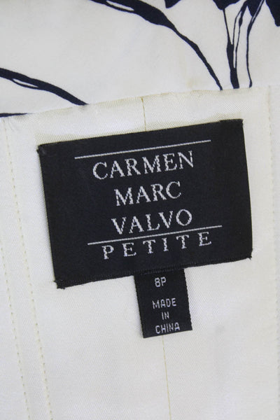 Carmen Marc Valvo Womens Silk Floral Print Dress White Navy Blue Size 6 Petite
