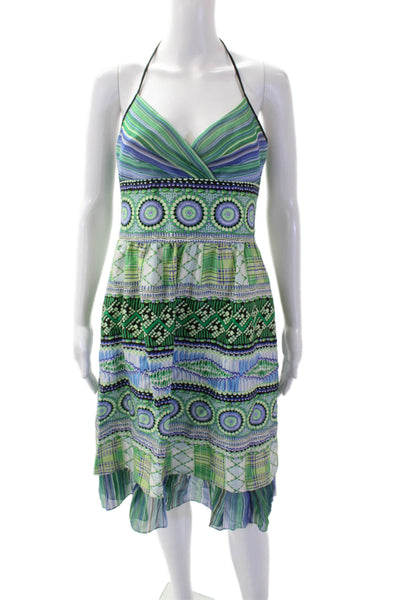 Kay Unger Womens Silk Abstract Print Halter Neck A Line Dress Blue Green Size 6