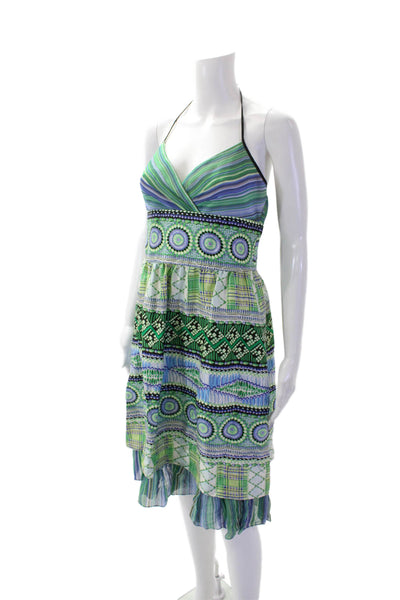 Kay Unger Womens Silk Abstract Print Halter Neck A Line Dress Blue Green Size 6