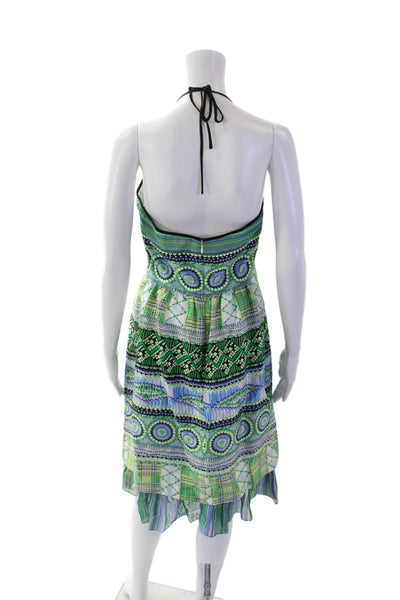 Kay Unger Womens Silk Abstract Print Halter Neck A Line Dress Blue Green Size 6