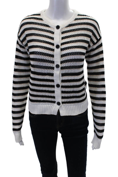 Monrow Womens Open Knit Cotton Striped Cardigan Sweater Top Black Multi Sz XS