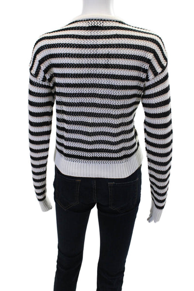 Monrow Womens Open Knit Cotton Striped Cardigan Sweater Top Black Multi Sz XS