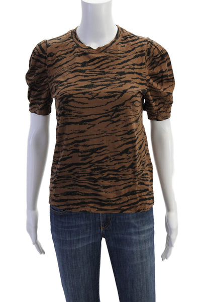 Pam & Gela Womens Cotton Animal Print Short Sleeve T-Shirt Top Brown Size S