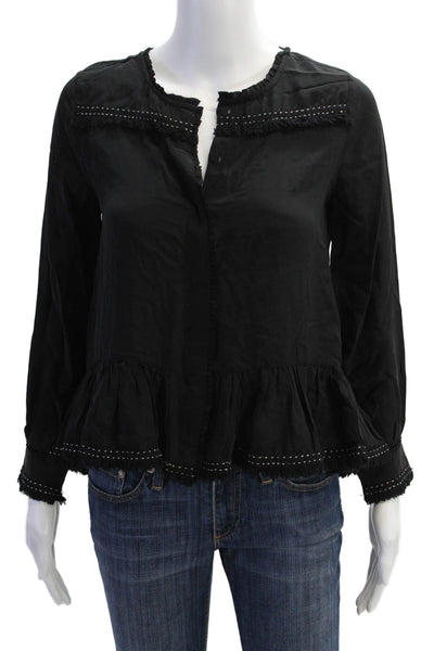 Flannel Womens Silk Long Sleeve Button Up Blouse Top Black Size 0