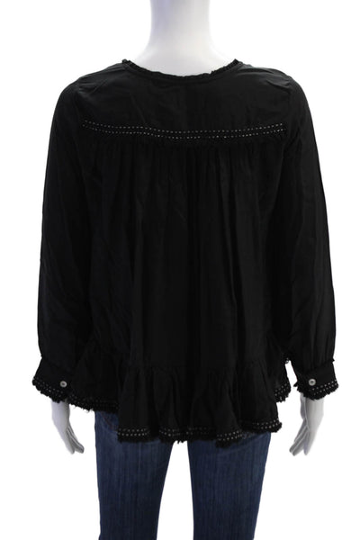 Flannel Womens Silk Long Sleeve Button Up Blouse Top Black Size 0