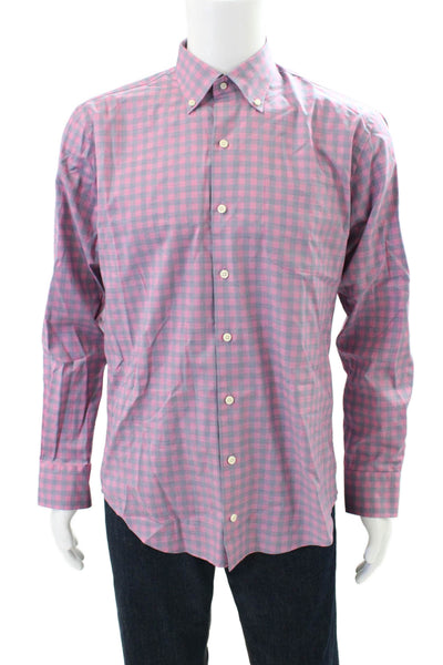 Peter Millar Mens Cotton Long Sleeve Button Plaid Button Down Shirt Pink Size M