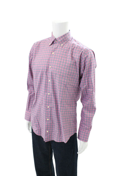 Peter Millar Mens Cotton Long Sleeve Button Plaid Button Down Shirt Pink Size M