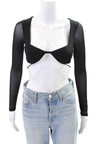 Princess Polly Womens Tie Closure Long Sleeves Cropped Blouse Black Size 0