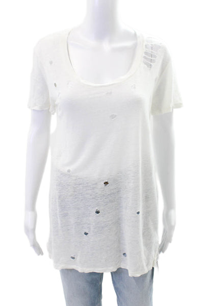 Monrow Womens Distressed Short Sleeves Tee Shirt White Cotton Size Small