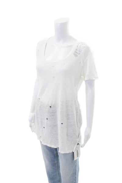 Monrow Womens Distressed Short Sleeves Tee Shirt White Cotton Size Small