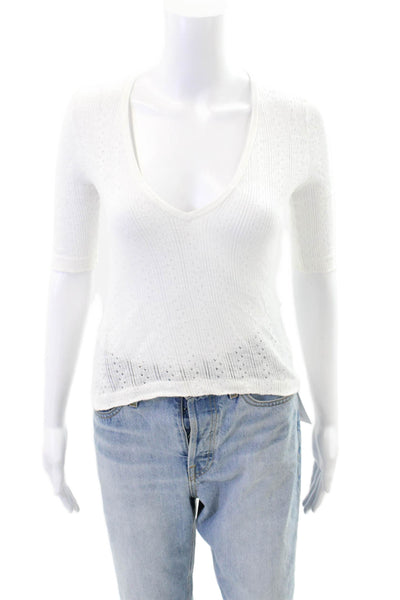 360 Sweater Womens Short Sleeves V Neck Sweater White Size Extra Small
