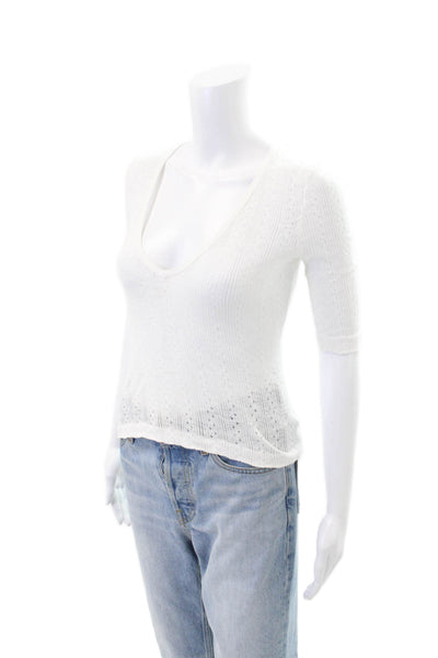360 Sweater Womens Short Sleeves V Neck Sweater White Size Extra Small