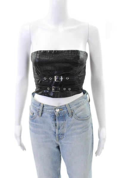 Superdown Womens Crocodile Print Cropped Blouse Black Size Extra Small