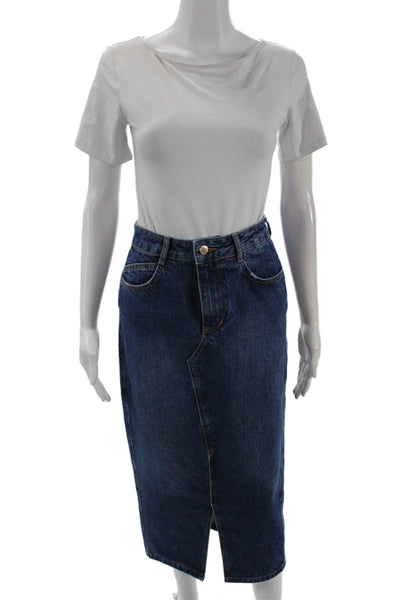 Zara Womens Cotton High Waisted Medium Wash Denim Pencil Skirt Blue Size XS