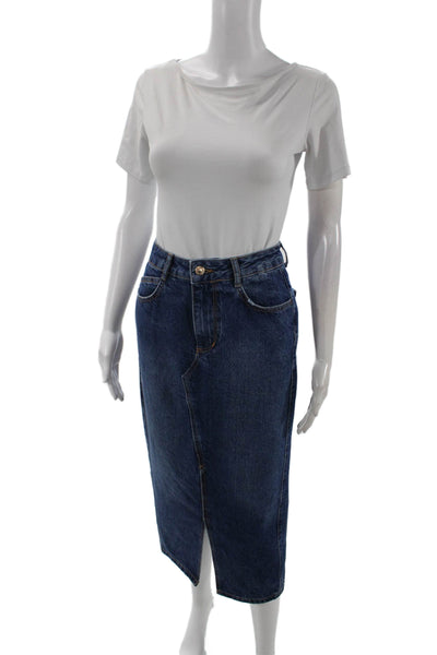 Zara Womens Cotton High Waisted Medium Wash Denim Pencil Skirt Blue Size XS