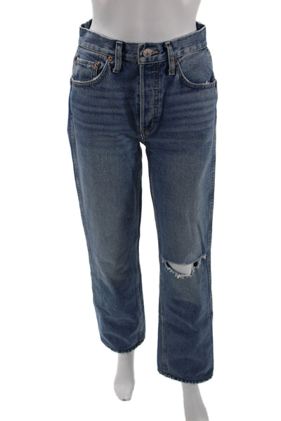 Re/Done Womens Medium Wash Ripped High Rise Straight Leg Jeans Blue Size 25