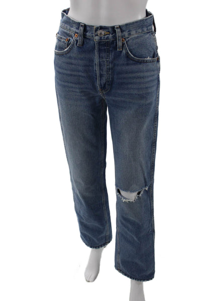 Re/Done Womens Medium Wash Ripped High Rise Straight Leg Jeans Blue Size 25
