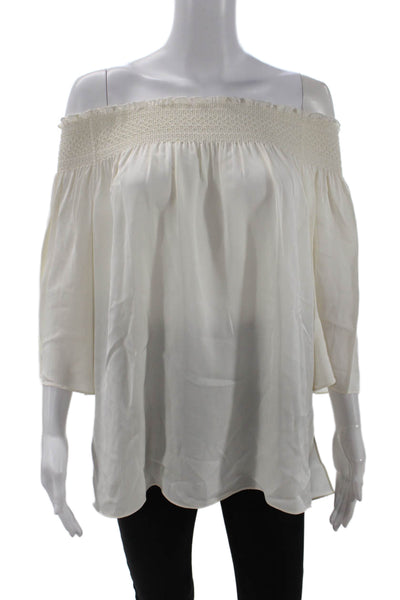 Theory Womens Short Sleeve Smocked Off Shoulder Silk Top White Size Small