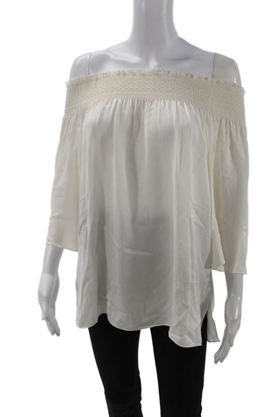 Theory Womens Short Sleeve Smocked Off Shoulder Silk Top White Size Small