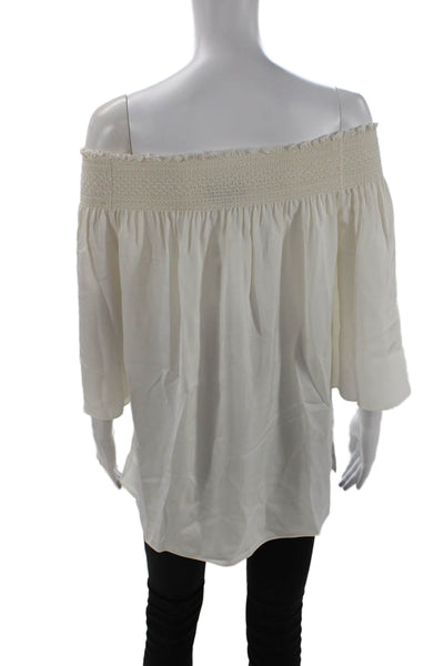 Theory Womens Short Sleeve Smocked Off Shoulder Silk Top White Size Small