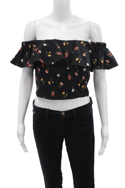 Rebecca Taylor Womens Floral Print Off The Shoulder Crop Top Black Size 8