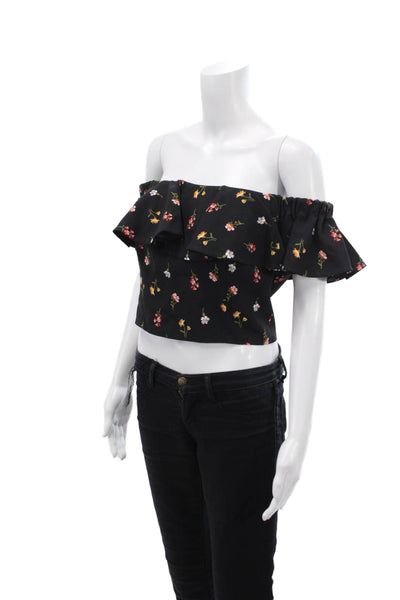 Rebecca Taylor Womens Floral Print Off The Shoulder Crop Top Black Size 8