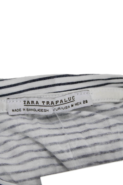 Zara Trafaluc Womens Striped Crew Neck Flared Short Sleeve Top White Size M