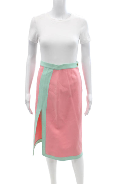 Michael Kors Womens Back Zip Front Slit Vintage Skirt Pink Teal Wool Size 4