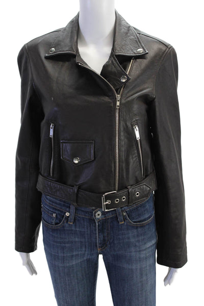 Designer Womens Long Sleeve Front Zip Collared Leather Jacket Brown Size IT 48