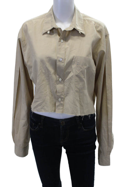 Riley Womens Collar Long Sleeve Button Down Crop Shirt Brown Size OS