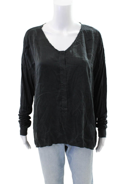 Go By GoSilk Womens Silk V Neck Front Zipper Blouse Black Size Medium
