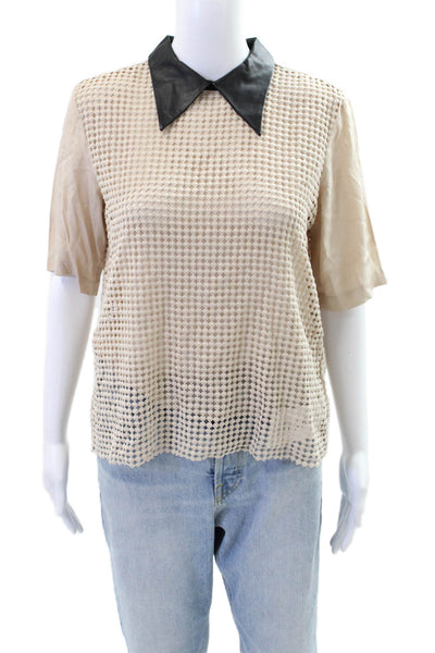 Tibi Womens Crew Neck Short Sleeves Blouse Beige Black Cotton Size 6