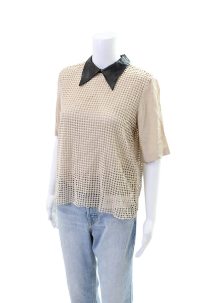 Tibi Womens Crew Neck Short Sleeves Blouse Beige Black Cotton Size 6