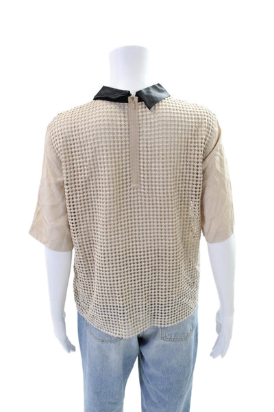Tibi Womens Crew Neck Short Sleeves Blouse Beige Black Cotton Size 6