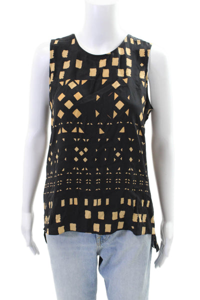 Parker Womens Silk Geometric Print Sleeveless Tank Top Black Beige Size Small