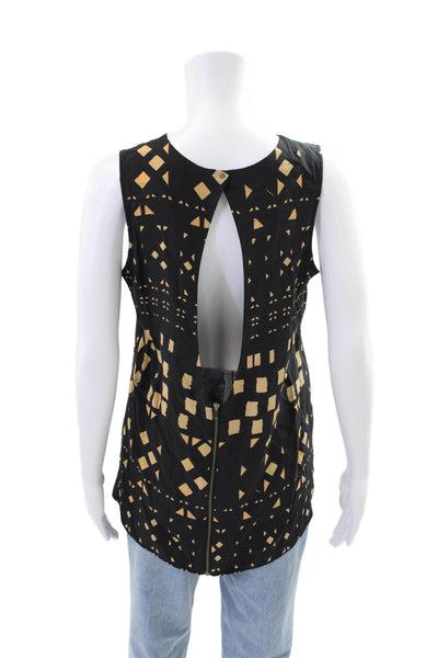 Parker Womens Silk Geometric Print Sleeveless Tank Top Black Beige Size Small