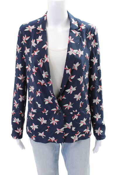 Joie Womens Silk Floral Print Single Button Blazer Navy Blue Size Small