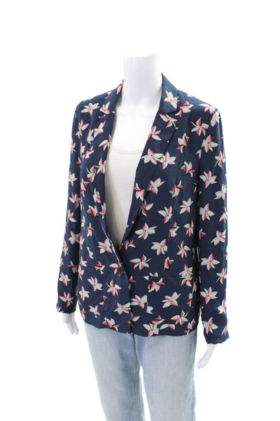 Joie Womens Silk Floral Print Single Button Blazer Navy Blue Size Small