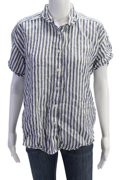 J Crew Womens Short Sleeve Button Front Striped Relaxed Shirt Blue White Small