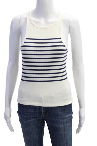 J Crew Womens Scoop Neck Ribbed Knit Striped Tank Top White Navy Size Medium
