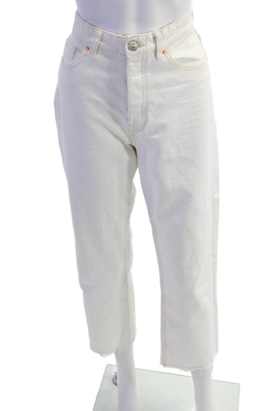 Zara Womens Button Fly High Rise Straight Fringe Jeans White Denim Size 6