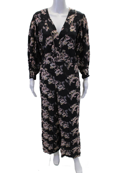IRO Womens Floral Print V-neck Long Sleeve Wide Leg Jumpsuit Black Size 42