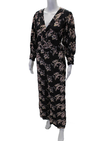 IRO Womens Floral Print V-neck Long Sleeve Wide Leg Jumpsuit Black Size 42