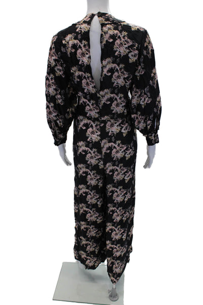IRO Womens Floral Print V-neck Long Sleeve Wide Leg Jumpsuit Black Size 42