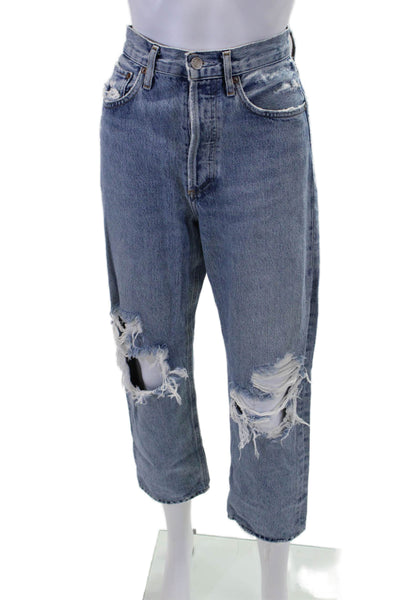 Agolde Womens Medium Wash Distress Ripped Straight Leg Jeans Blue Size 24